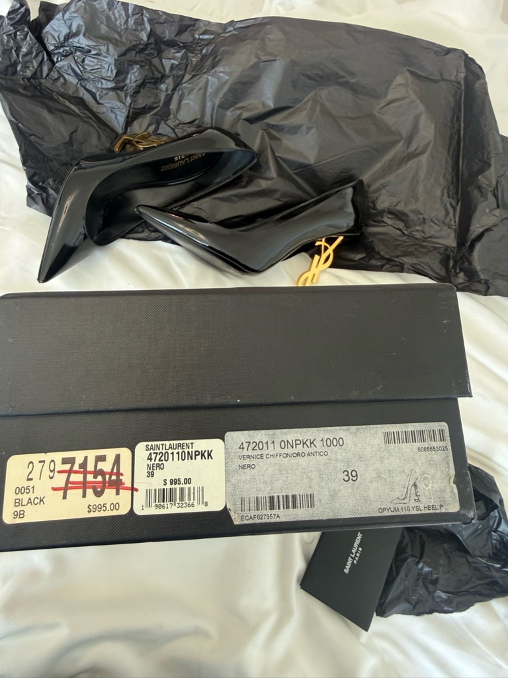 Saint Laurent Black Patent Opyum Stiletto Pumps with Gold YSL Heel - Picture 3 of 7